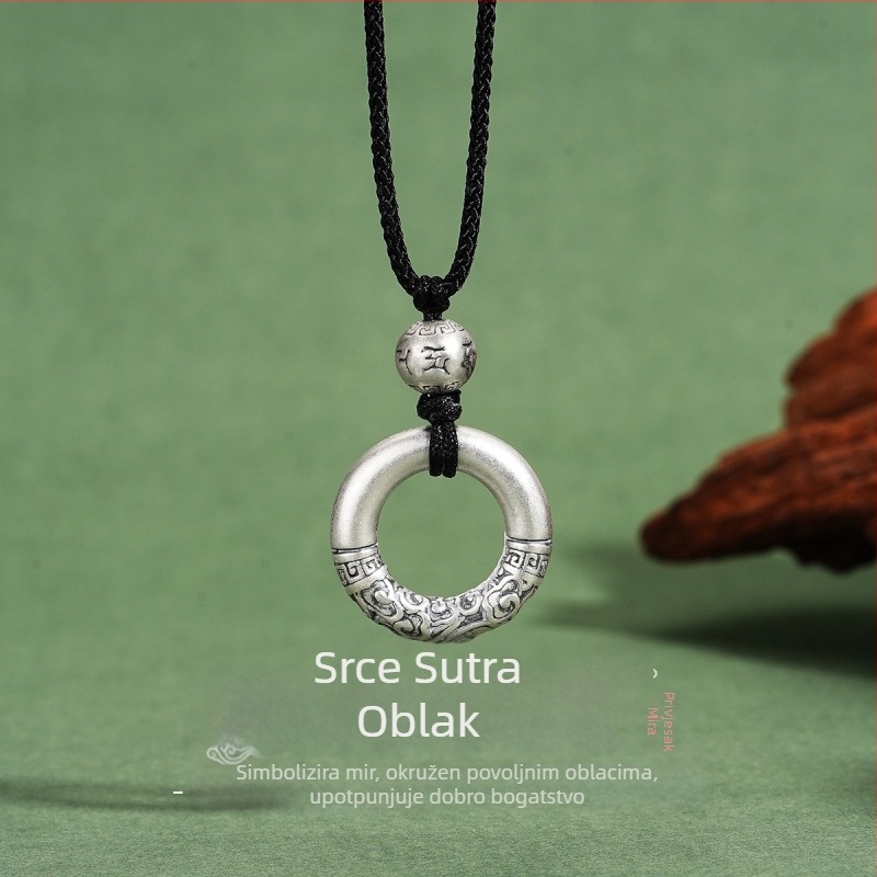Ogrlica od srebra 999 s talismanom šťastnih oblaka i mirom, muški retro-etno stil, pleteni lanac, mantra od šest znakova