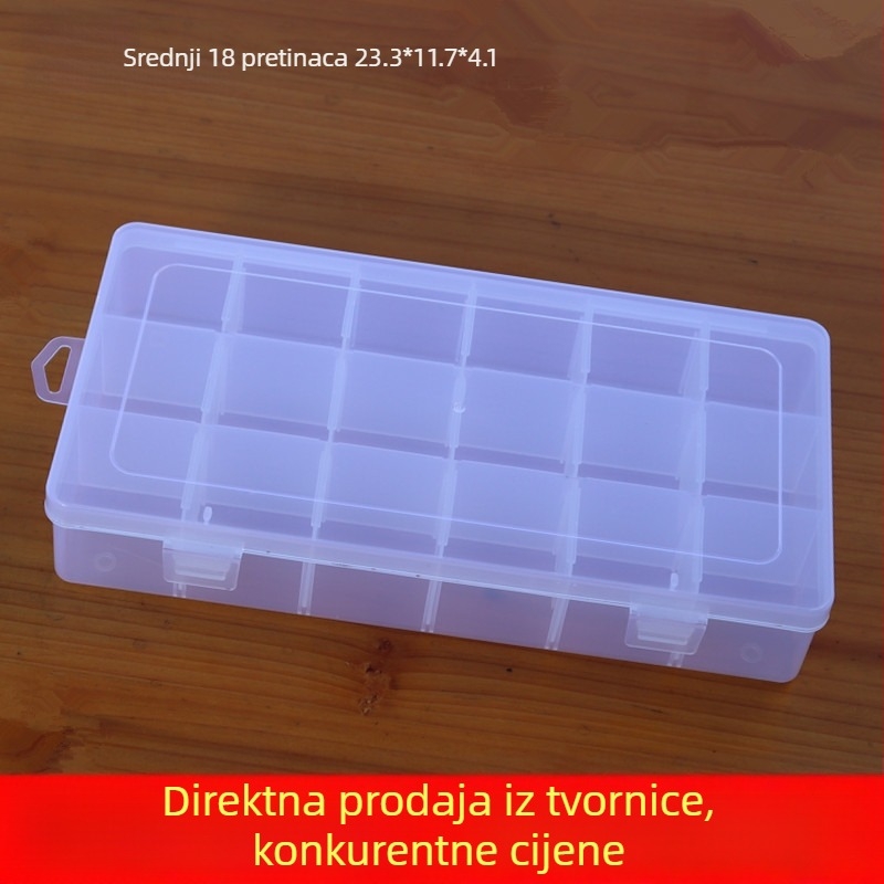 Prozirna plastična kutija za pohranu s 18 odjeljaka za perle, nakit te uzorke za manikuru i sitne metalne alate