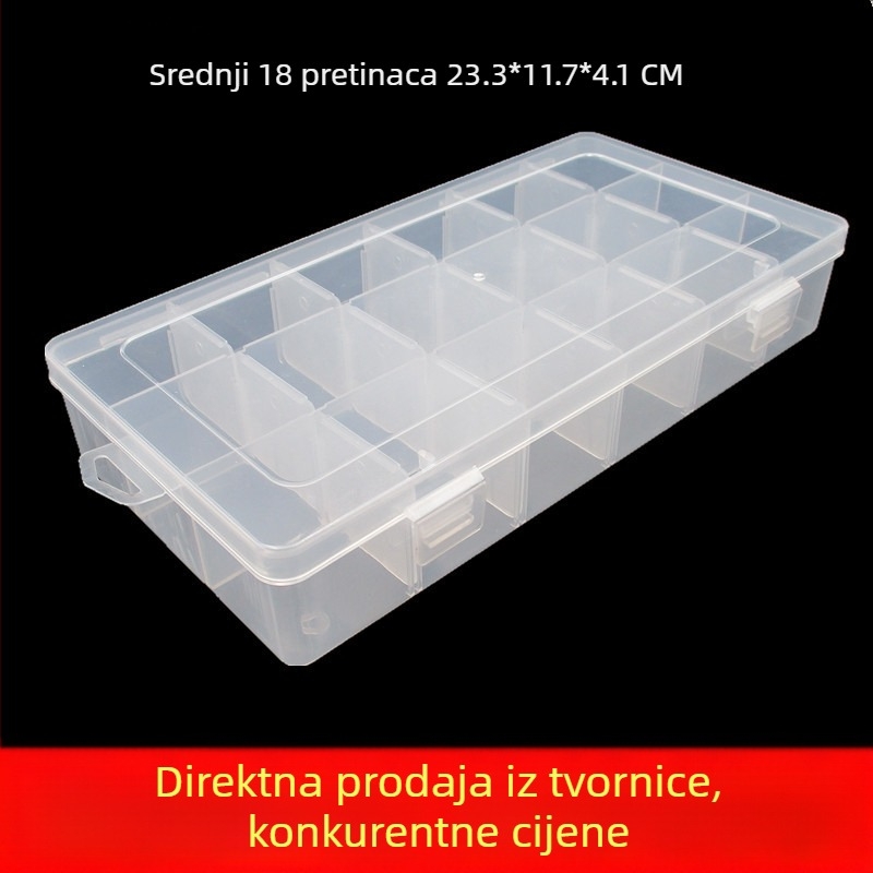 Prozirna plastična kutija za pohranu s 18 odjeljaka za perle, nakit te uzorke za manikuru i sitne metalne alate