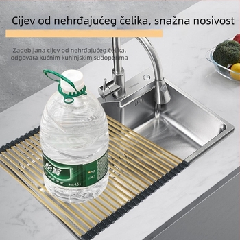 Stalak za odvodnjavanje od nehrđajućeg čelika 304 za zdjele, pribor i voće/povrće; sklopivi rolo-sklopivi sustav za pohranu; višenamjenski kuhinjski organizator