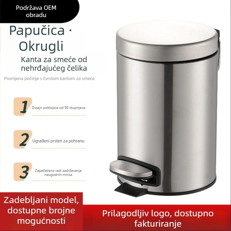 Koš za smeće od nehrđajućeg čelika, kružnog oblika, s pedalom, poklopac s preklopom, tiho otvaranje, za kućnu, uredsku i hotelsku upotrebu