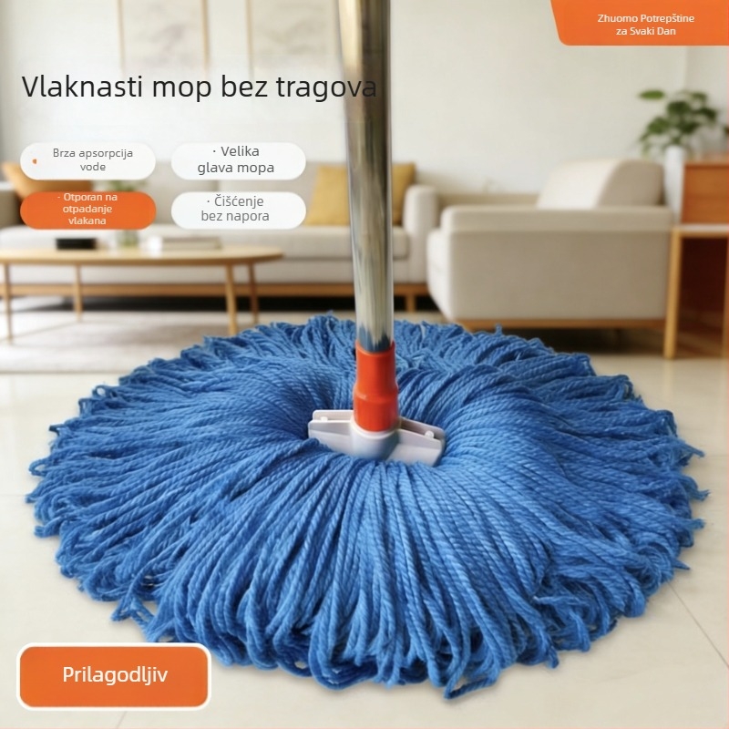 Mop bez tragova uz konac, debeli vlaknasti mop, plosna glava mop, nehrđajući čelik, tradicionalni kućni mop, čišćenje jednim prolazom