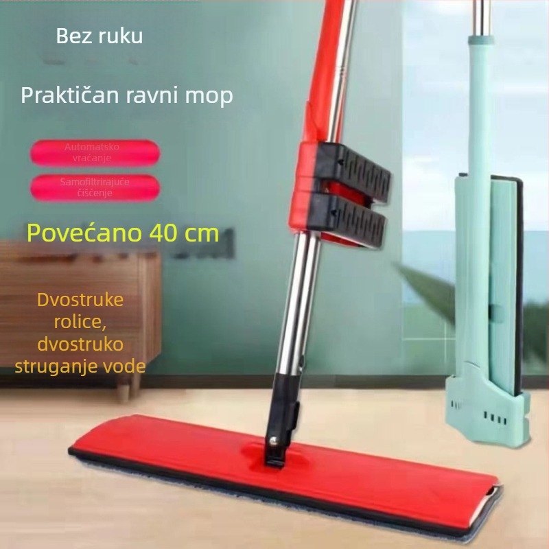 Veliki plosnati mop za kućnu upotrebu, bez dodirivanja rukama, dvostruka uporaba – suho i mokro, alat za čišćenje podova s valjkastim iscijeđivanjem