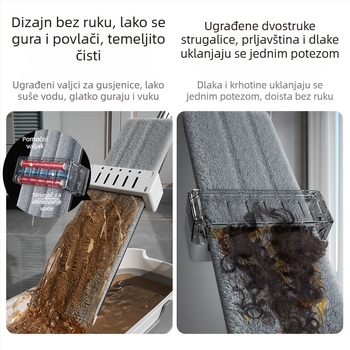 Veliki plosnati mop bez pranja ruku za suho i mokro čišćenje, s mikrovlaknastim jastučićem i nehrđajućom šipkom