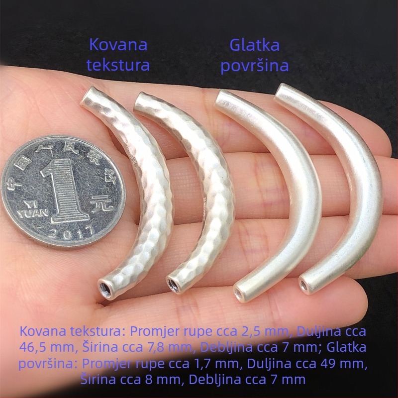 S999 čisto srebro, sjajna glatka površina, čekićana tekstura, pola narukvica s zakrivljenim cijevima, kristal, ručno izrađeni DIY dodatak za nakit