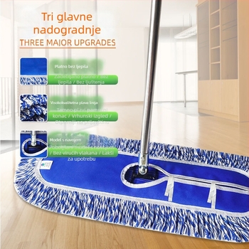 Plavo-bijeli prugasti platneni mop s vijčanim spojem, produžena ručka, velik plosnati mop za podove – pogodan za kantine i kućnu upotrebu