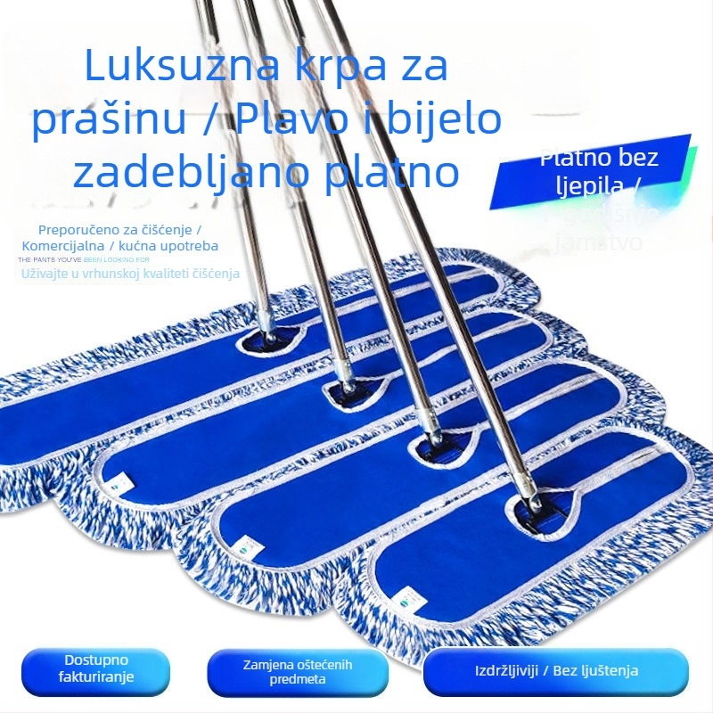 Plavo-bijeli prugasti platneni mop s vijčanim spojem, produžena ručka, velik plosnati mop za podove – pogodan za kantine i kućnu upotrebu