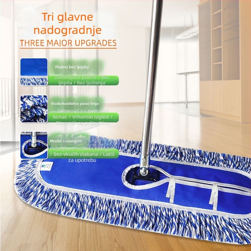 Plavo-bijeli prugasti platneni mop s vijčanim spojem, produžena ručka, velik plosnati mop za podove – pogodan za kantine i kućnu upotrebu