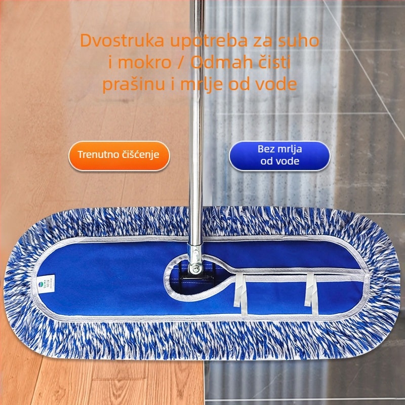 Plavo-bijeli prugasti platneni mop s vijčanim spojem, produžena ručka, velik plosnati mop za podove – pogodan za kantine i kućnu upotrebu