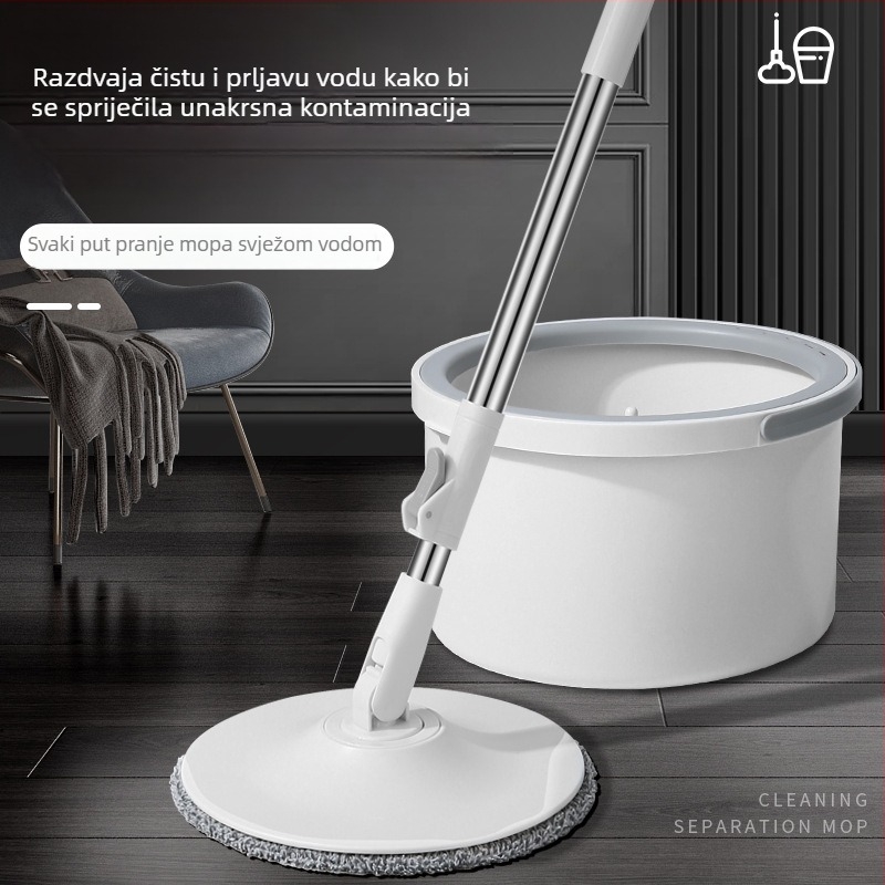 Spin mop za odvajanje masnih mrlja, rotirajuća drška od nehrđajućeg čelika, plosnat dizajn, čišćenje bez dodirivanja, visoka apsorpcija vode