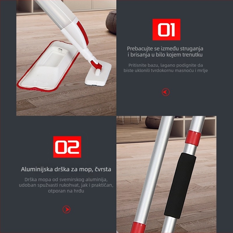 Spray mop za drvene podove s dezinfekcijom, čišćenje bez dodira, mokro i suho korištenje, mikrofibrena glava, aluminijska ručka