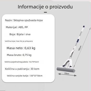 Bezdodirni spužvasti mop za kućnu upotrebu, sklopiva glava od PVA, upijajući