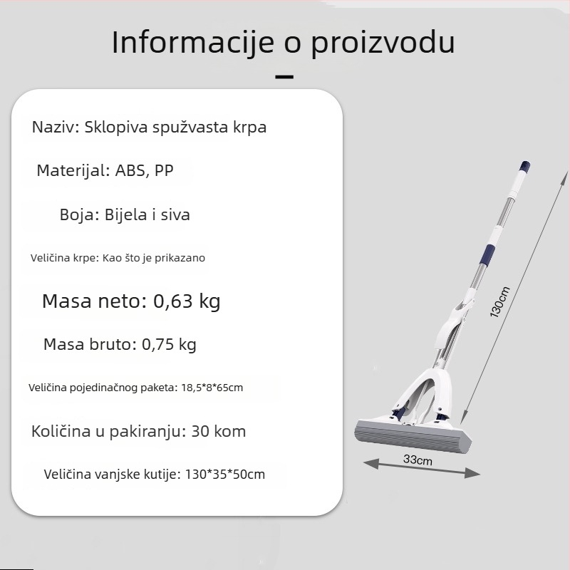 Bezdodirni spužvasti mop za kućnu upotrebu, sklopiva glava od PVA, upijajući