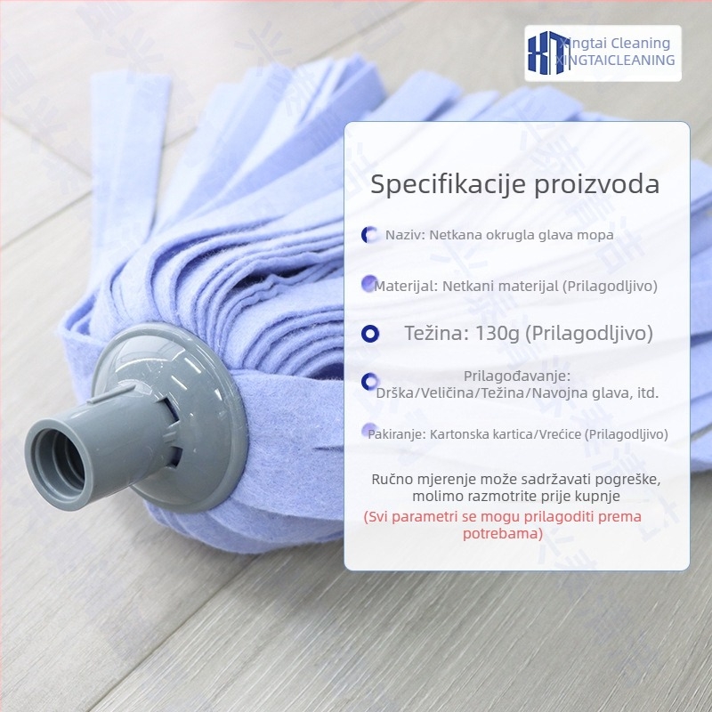Prilagođena glava mop-a od iglom probijane netkane tkanine, metalna šipka s američkim navojem, okrugla glava, otisak logotipa, zamjenska glava OEM