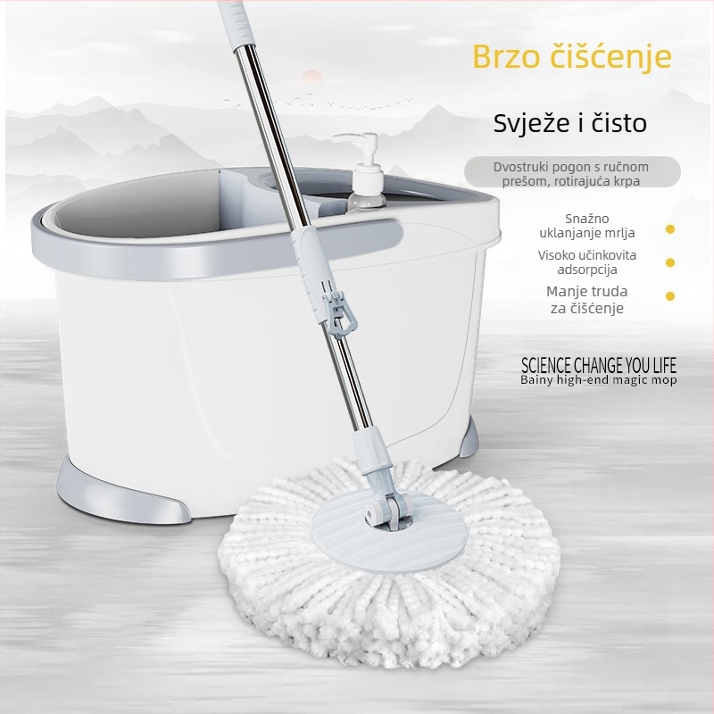 Okretna kanta za mop s glavom od mikrovlakana, šipka od nehrđajućeg čelika, dvostruki pogon, teleskopska ručica 30 cm, 90–100% odvajanja vode