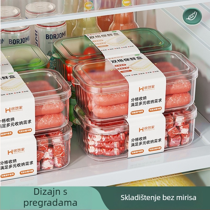 Prozirna plastična kutija za pohranu grickalica i voća, za kuhinju i hladnjak, s podijeljenim pretincima i poklopcem koji se otvara, 19×9.8×6 cm, bijela.