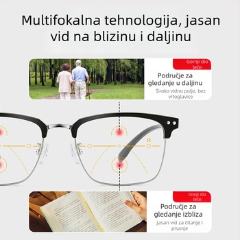 Muške čitačke naočale s polu‑ramom od čistog titana, progresivne, zaštita od plavog svjetla, model 8358