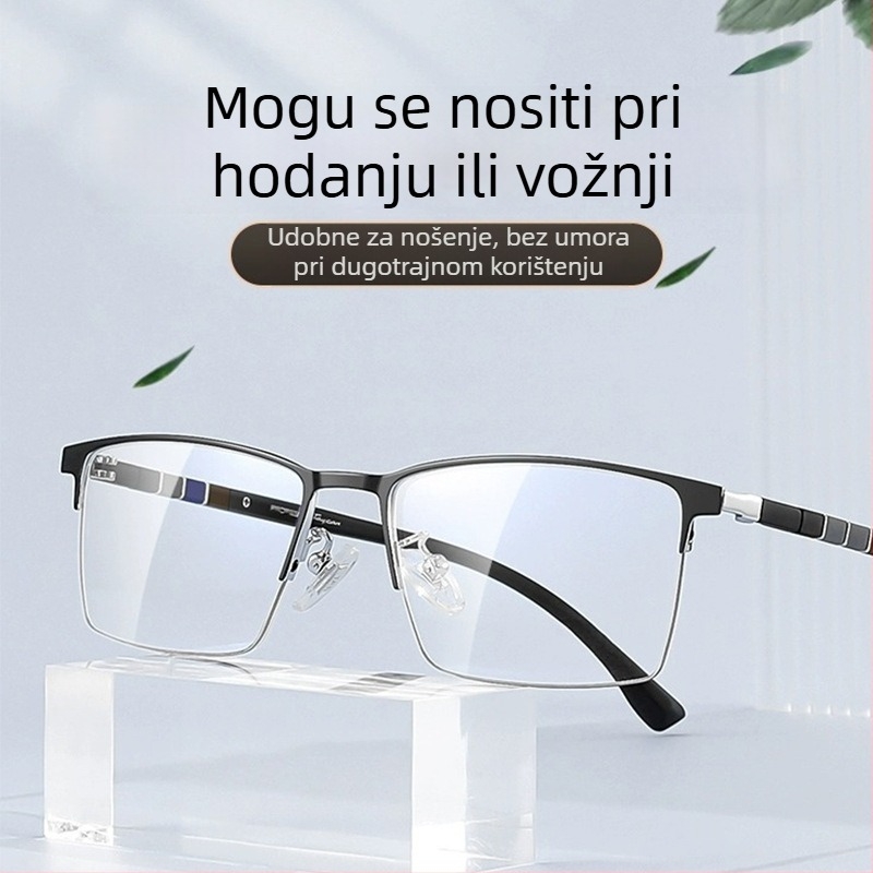 Muške čitačke naočale s polu‑ramom od čistog titana, progresivne, zaštita od plavog svjetla, model 8358