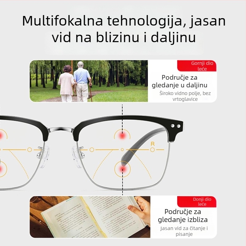 Muške čitačke naočale s polu‑ramom od čistog titana, progresivne, zaštita od plavog svjetla, model 8358
