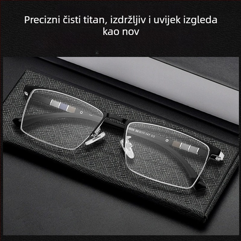 Muške čitačke naočale s polu‑ramom od čistog titana, progresivne, zaštita od plavog svjetla, model 8358