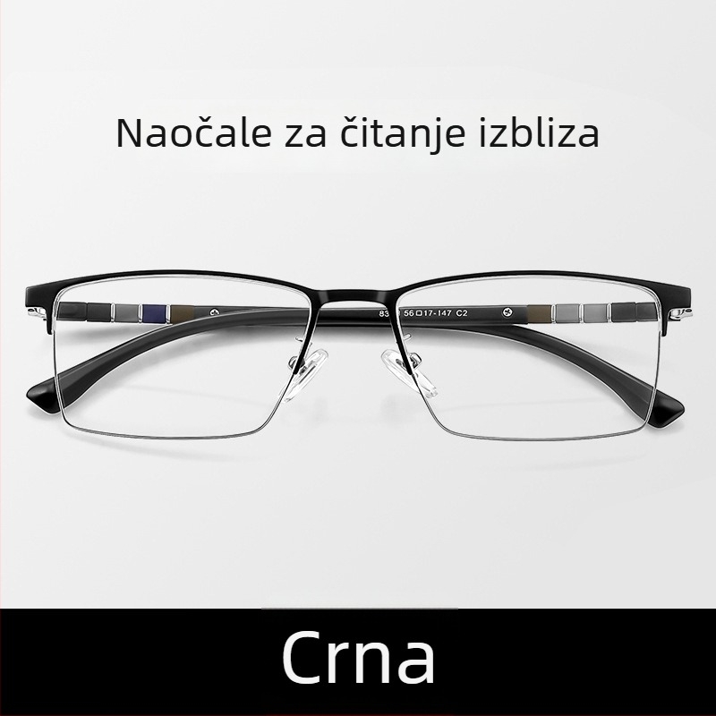 Muške čitačke naočale s polu‑ramom od čistog titana, progresivne, zaštita od plavog svjetla, model 8358
