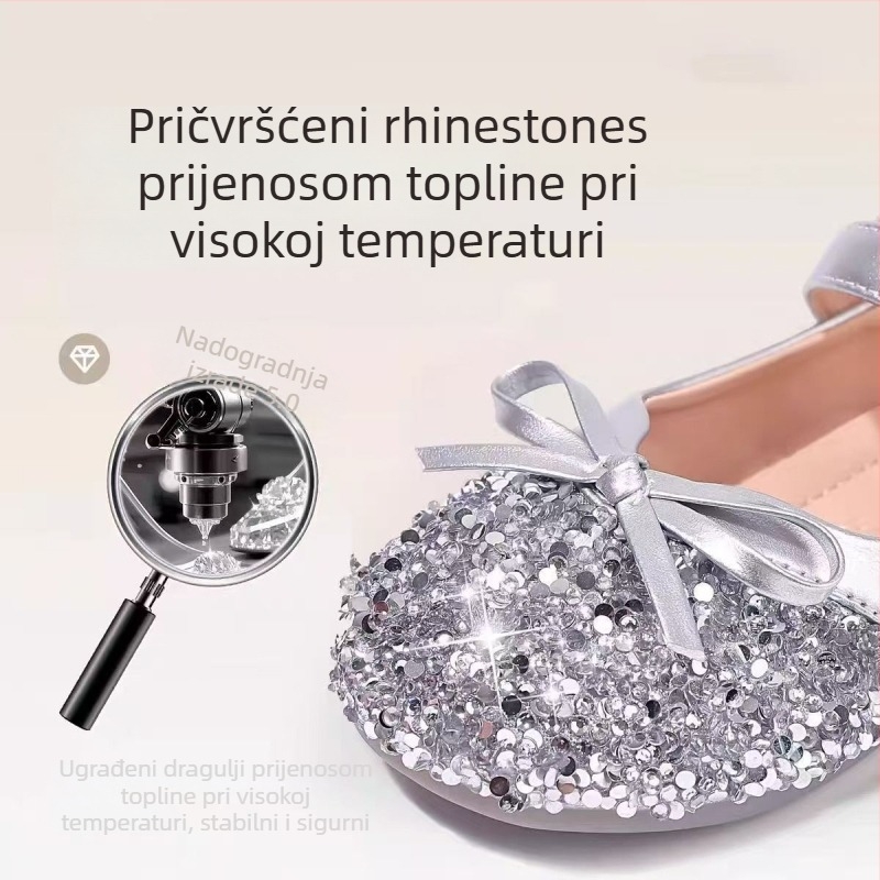 Cipele princeze za djevojčice, kolekcija proljeće-jesen 2026, srebrne kristalne cipele