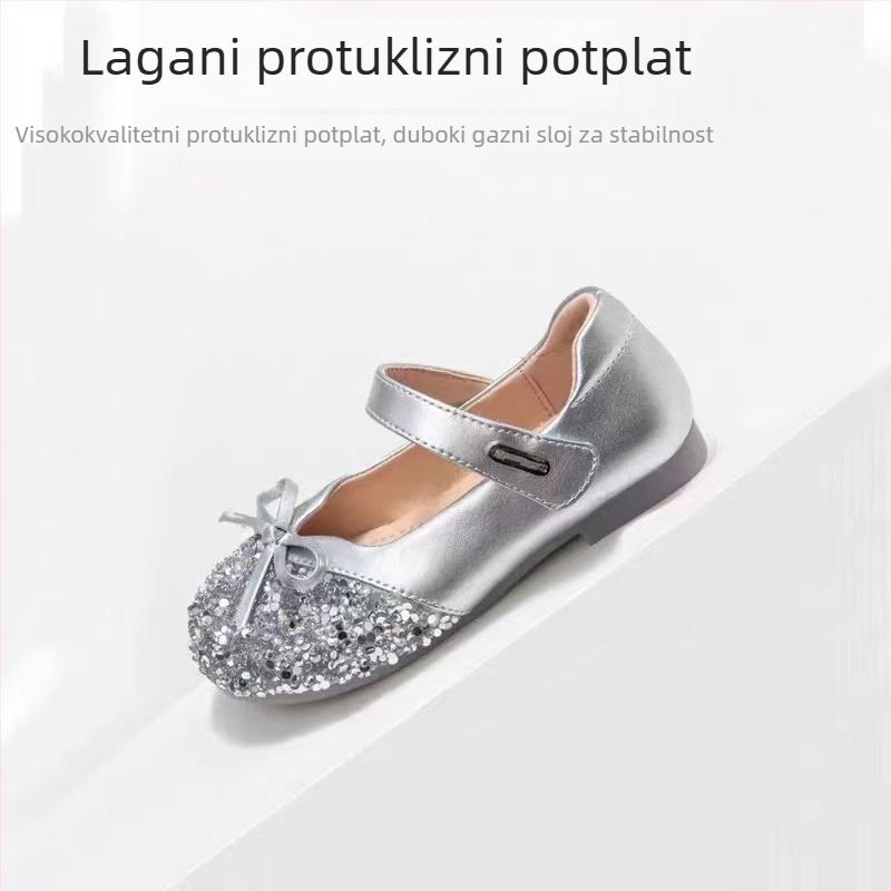 Cipele princeze za djevojčice, kolekcija proljeće-jesen 2026, srebrne kristalne cipele