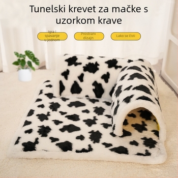 Mačje gnijezdo s L-oblikom tunela i integriranim madracem za igru i odmor, uzorak krave