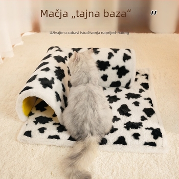Mačje gnijezdo s L-oblikom tunela i integriranim madracem za igru i odmor, uzorak krave