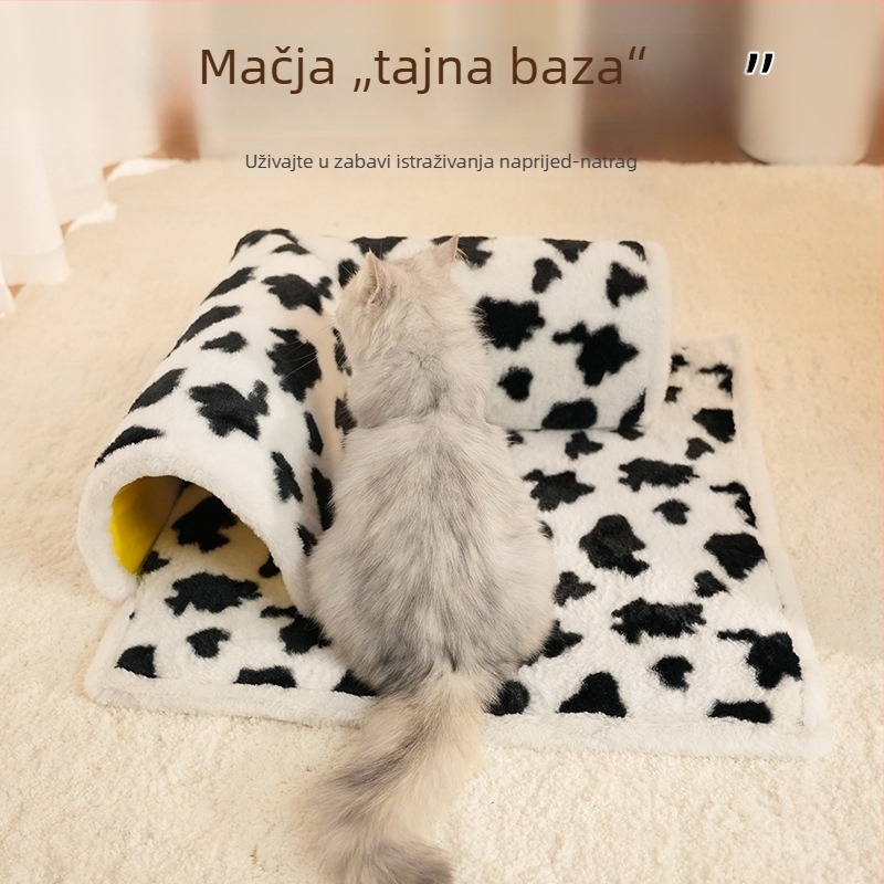 Mačje gnijezdo s L-oblikom tunela i integriranim madracem za igru i odmor, uzorak krave