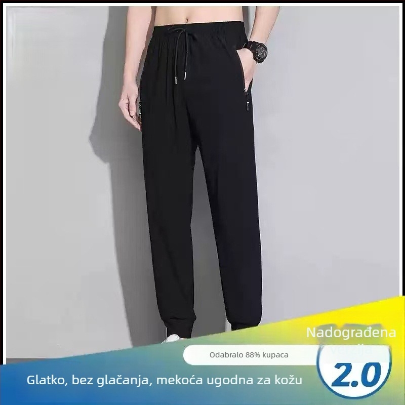 Plus-size muške hlače od ice-silk za ljeto, lagane, brzo se suše, ravnog i širokog kroja, casual hlače