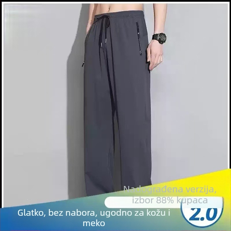 Plus-size muške hlače od ice-silk za ljeto, lagane, brzo se suše, ravnog i širokog kroja, casual hlače