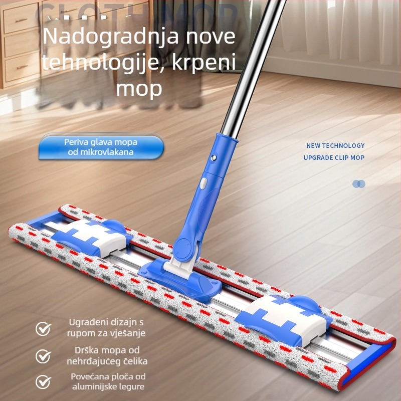 Aluminijski klip-tip ravni mop za kućnu upotrebu s mikrovlaknom podlogom, suho/mokro dvostruko korištenje, podesivo do 145 cm