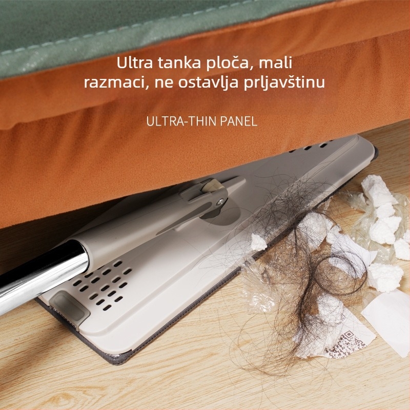 Veliki plosnati mop bez ručnog pranja, mikrovlakno, teleskopska nehrđajuća čelična drška, suho–vlhko odvajanje, glava 12×33 cm, duljina 120–140 cm