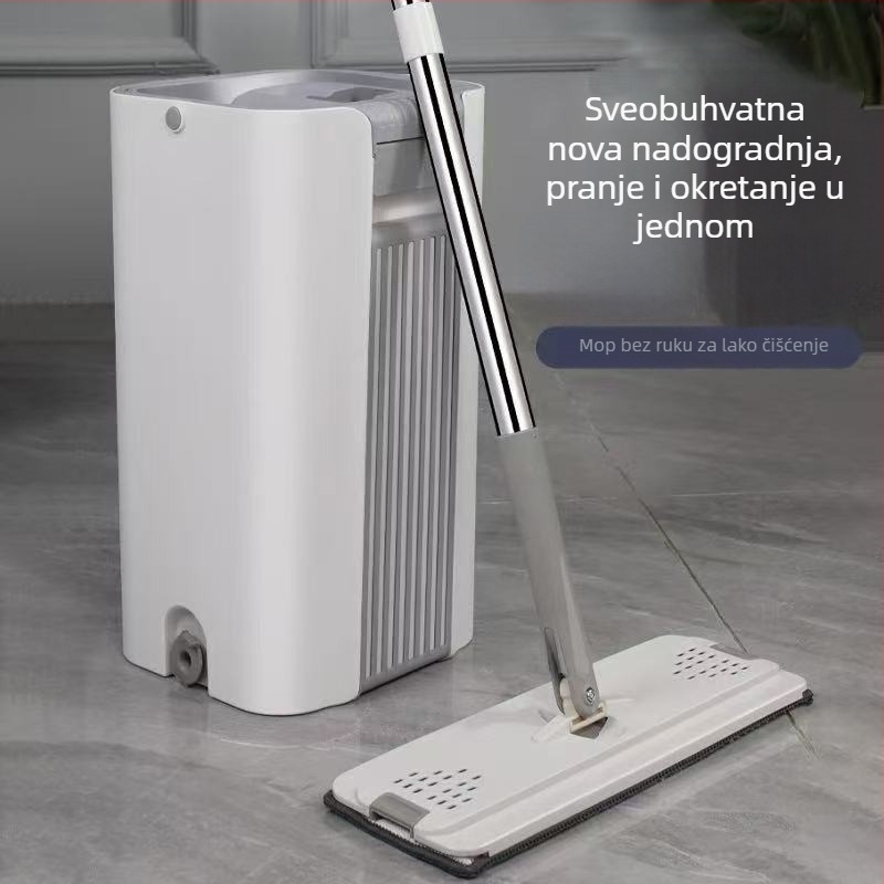 Veliki plosnati mop bez ručnog pranja, mikrovlakno, teleskopska nehrđajuća čelična drška, suho–vlhko odvajanje, glava 12×33 cm, duljina 120–140 cm