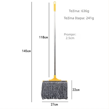 Mop od pamuknih vlakana s nehrđajućom čeličnom šipkom, klasični mop za podove, 27 cm upijajuća glava.