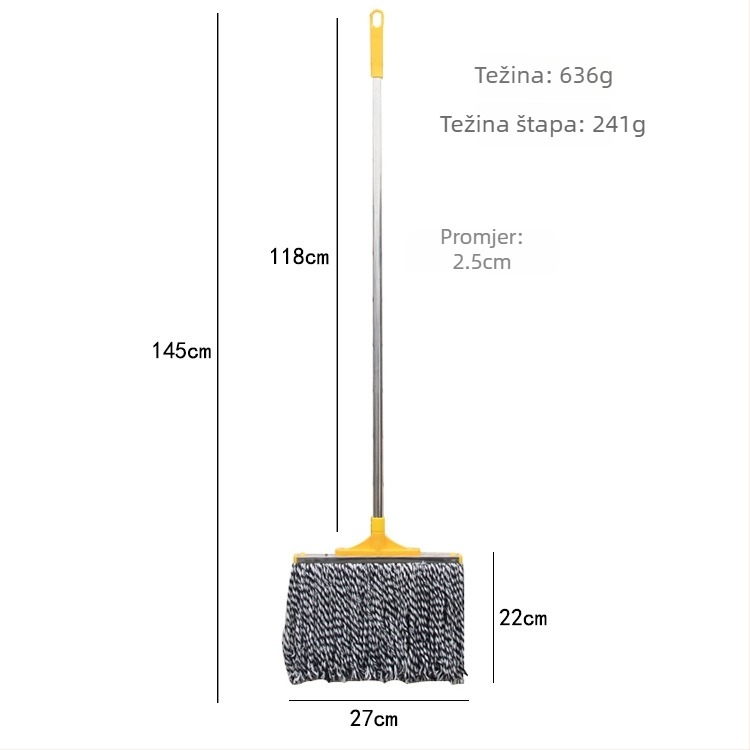 Mop od pamuknih vlakana s nehrđajućom čeličnom šipkom, klasični mop za podove, 27 cm upijajuća glava.