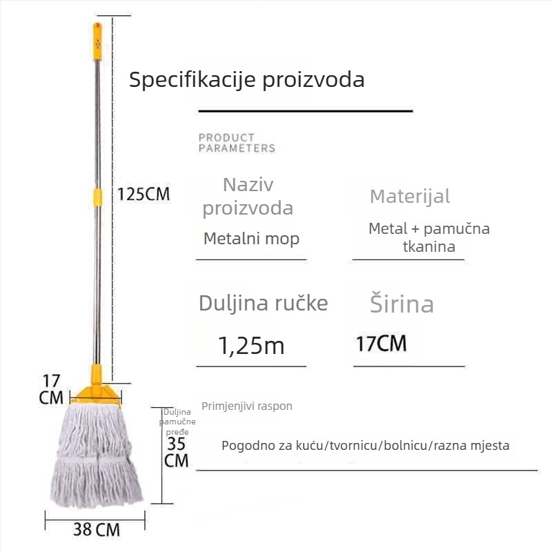 Glava mopa od pamuka s klipsom, zamjenski dio za nehrđajući čelični štap, četverostruko ispiranje, za velike površine poda – kućna i poslovna upotreba