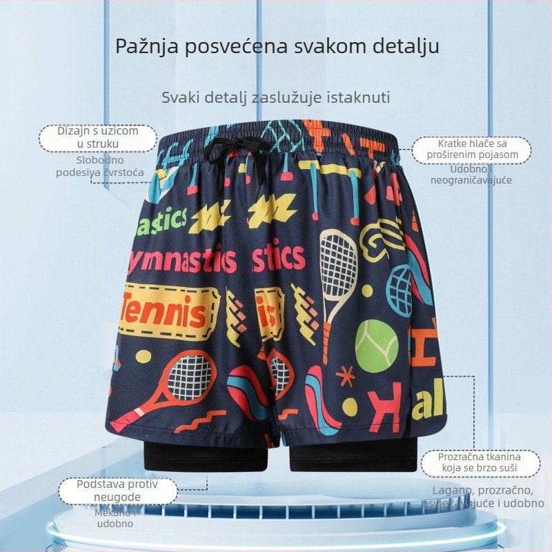 Novi muški kupaći šorts s printom, dvostruka konstrukcija, prozračni i brzo se sušeći, srednje duljine, pogodni za surfanje i plažu.
