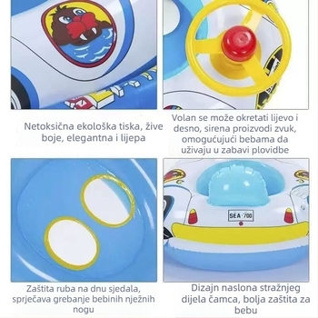 Dječji napuhivački plutački prsten s volanom, klaksonom i sjedalom u obliku čamca