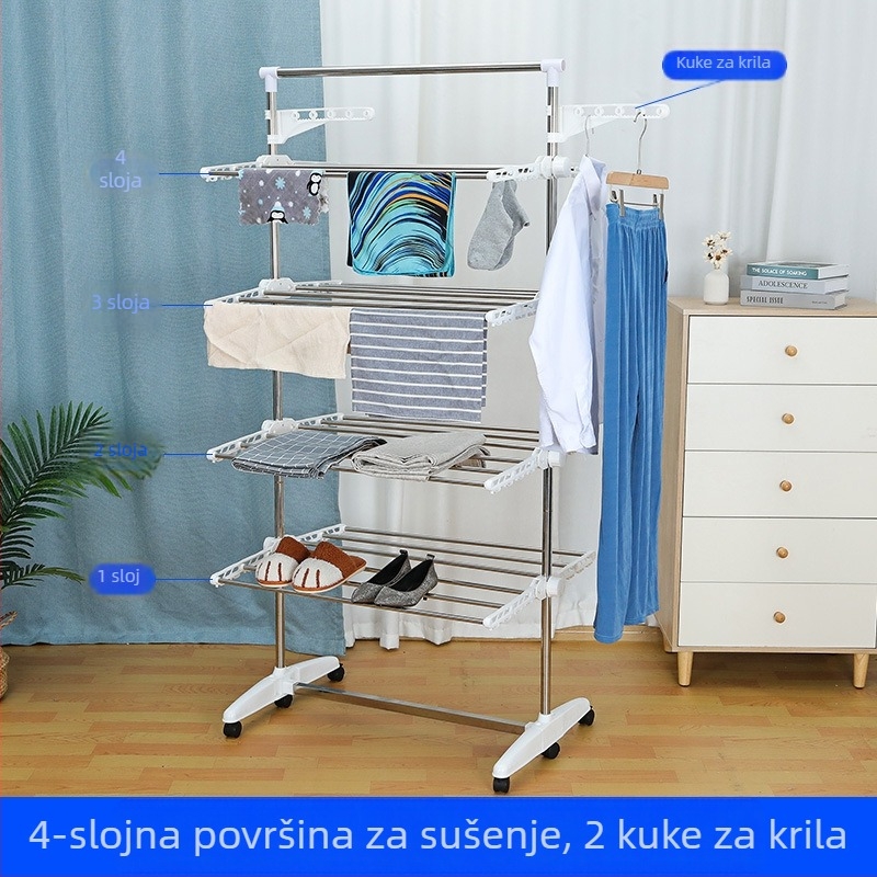 Višeslojna stajaća sušilica od nehrđajućeg čelika, mobilna i sklopiva, držač ručnika i pelena za bebe