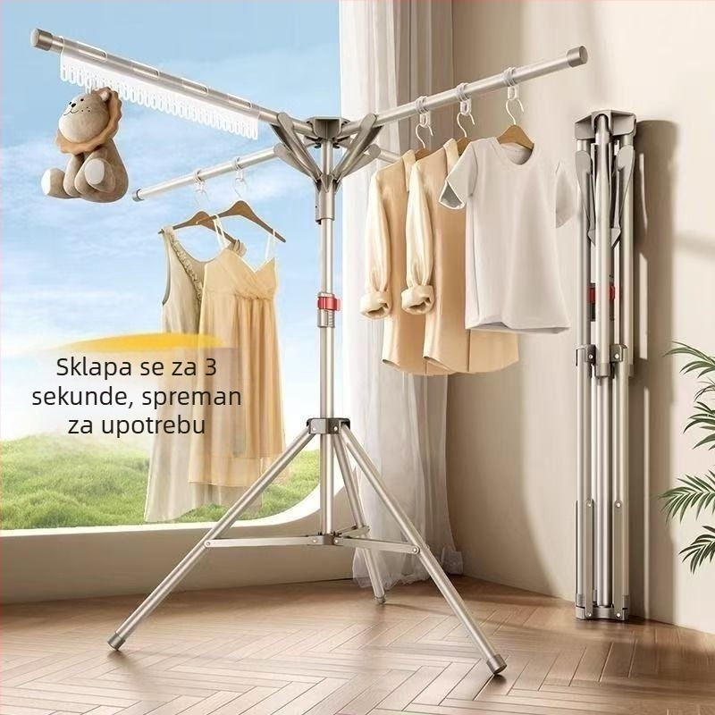 Sklopivi podna stalak za sušenje odjeće, s dvostrukim šipkama, čvrst unutarnji teleskop, pogodan za unutarnju i vanjsku upotrebu