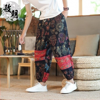 Muške lanene hlače s motivom Cashew Flower, tajlandski stil, široke nogavice, cropped dužina, ležeran kroj, sportski stil