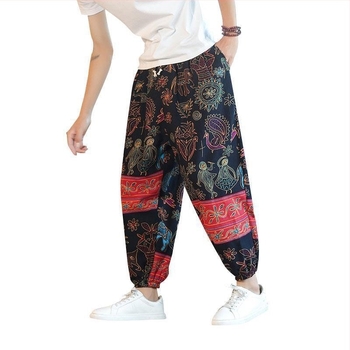Muške lanene hlače s motivom Cashew Flower, tajlandski stil, široke nogavice, cropped dužina, ležeran kroj, sportski stil