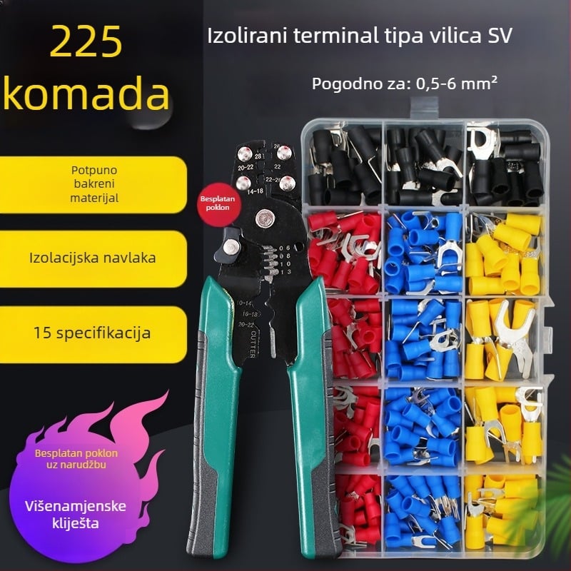Predizolirani hladno presovani terminali SV tip vilica, U-oblik konektora, set 225 komada