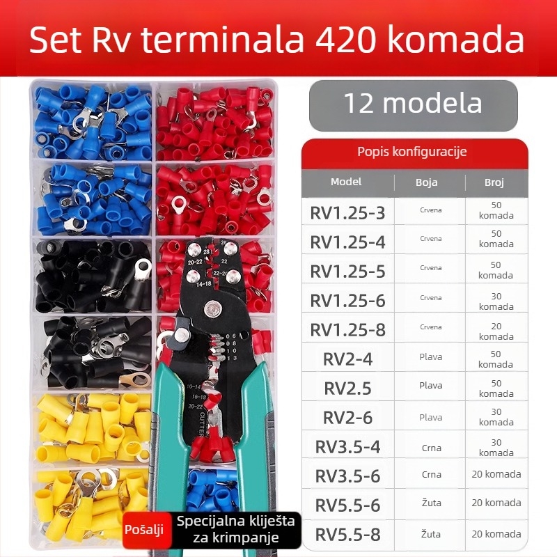 Predizolirani hladno presovani terminali SV tip vilica, U-oblik konektora, set 225 komada