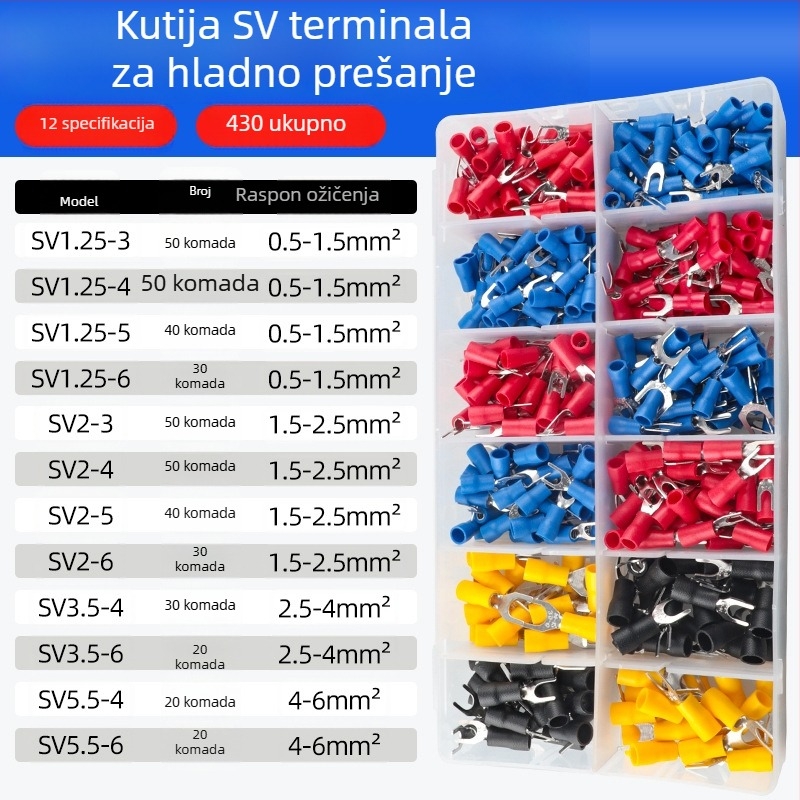 Predizolirani hladno presovani terminali SV tip vilica, U-oblik konektora, set 225 komada