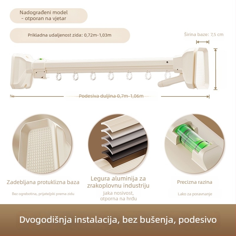 Bočna zidna šipka za sušenje rublja na balkon, bez bušenja, teleskopska šipka od aluminijske legure