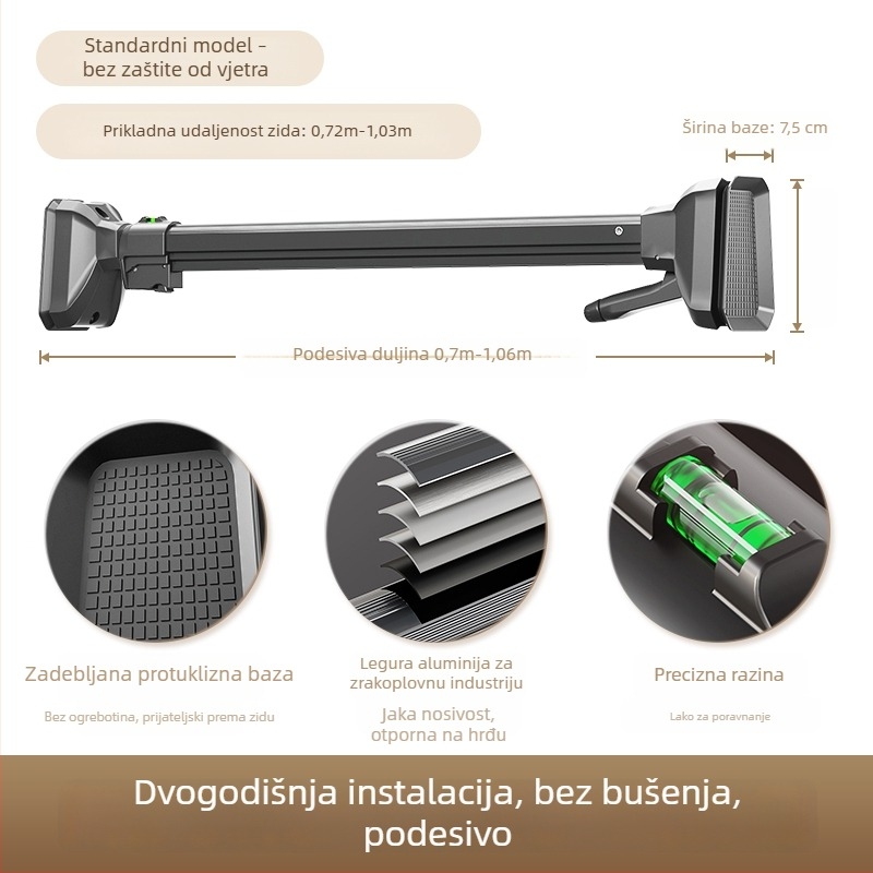 Bočna zidna šipka za sušenje rublja na balkon, bez bušenja, teleskopska šipka od aluminijske legure