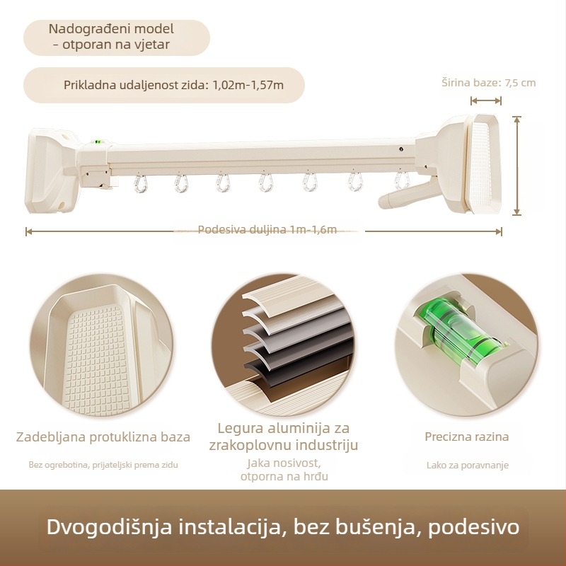 Bočna zidna šipka za sušenje rublja na balkon, bez bušenja, teleskopska šipka od aluminijske legure